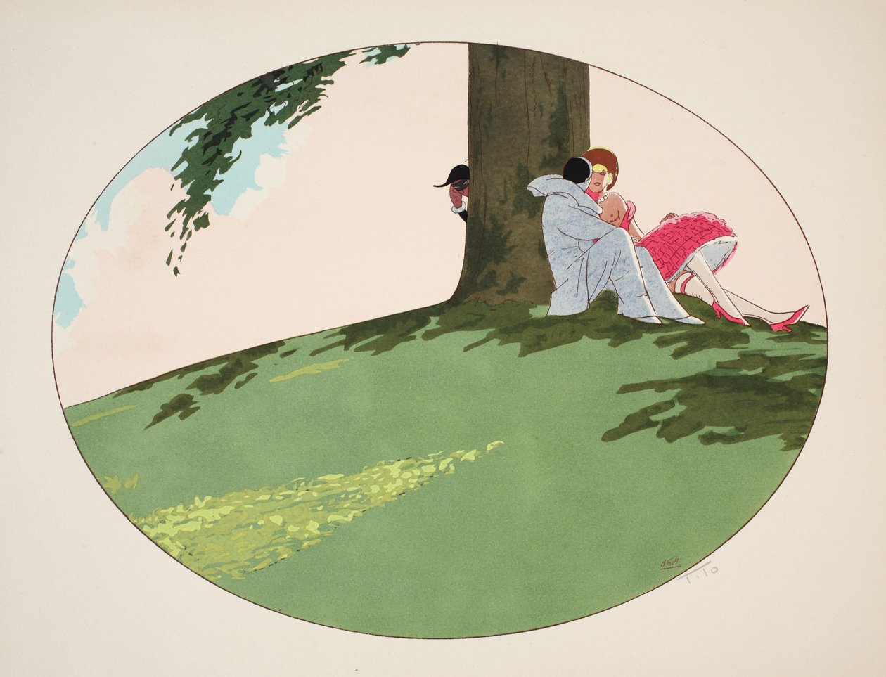 De fem sansene - hørsel, syn, lukt, berøring og smak, pub. Paris, 1925 (stensiltrykk) av Ettore Tito