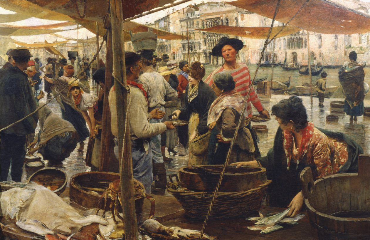 Det gamle fiskemarkedet i Venezia av Ettore Tito
