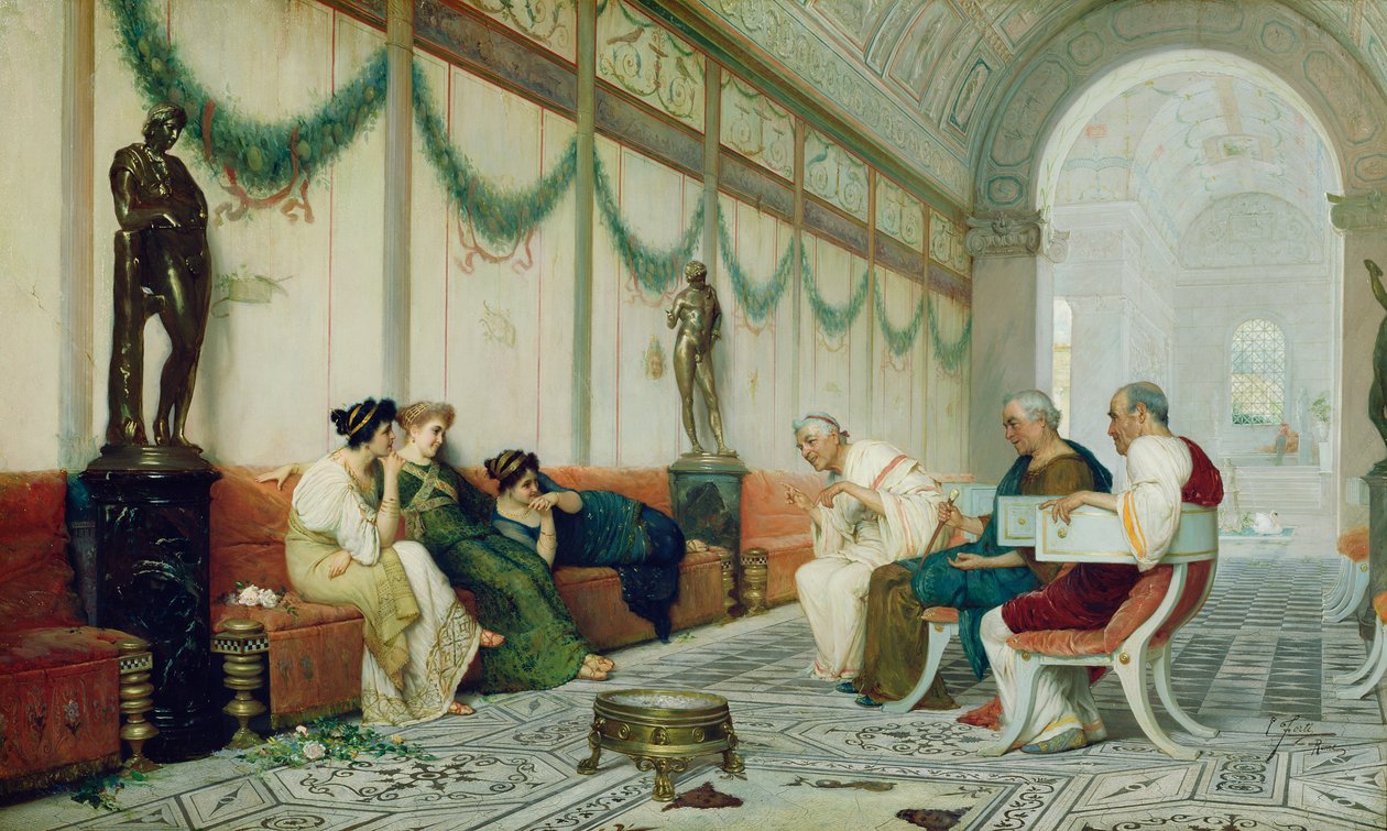 Interiør av romersk bygning med figurer, ca. 1880 (olje på lerret) av Ettore Forti