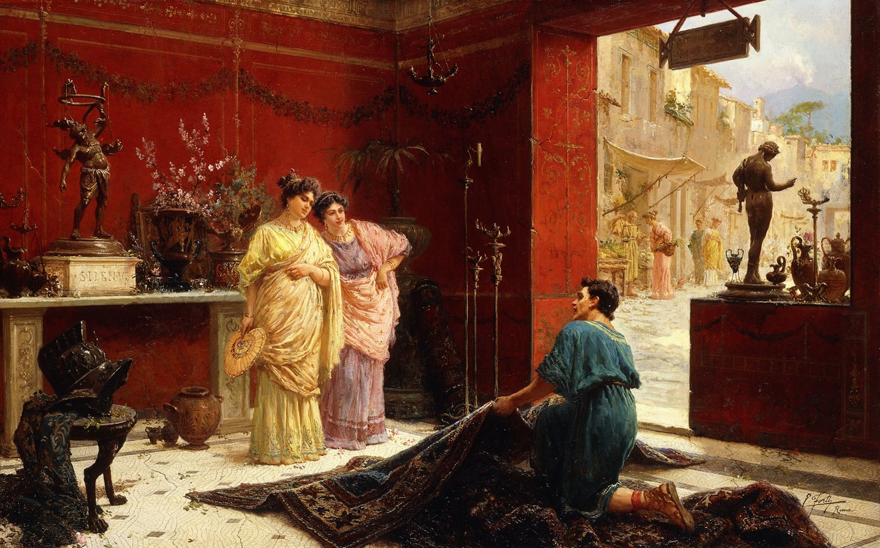 Selger varene sine (olje på lerret) av Ettore Forti