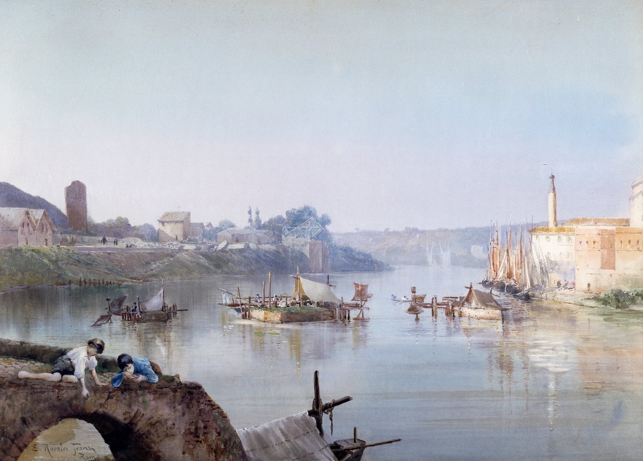 Fiskere ved Ripa Grande, av Ettore Roesler Franz (1845-1907), akvarell. av Ettore Roesler Franz