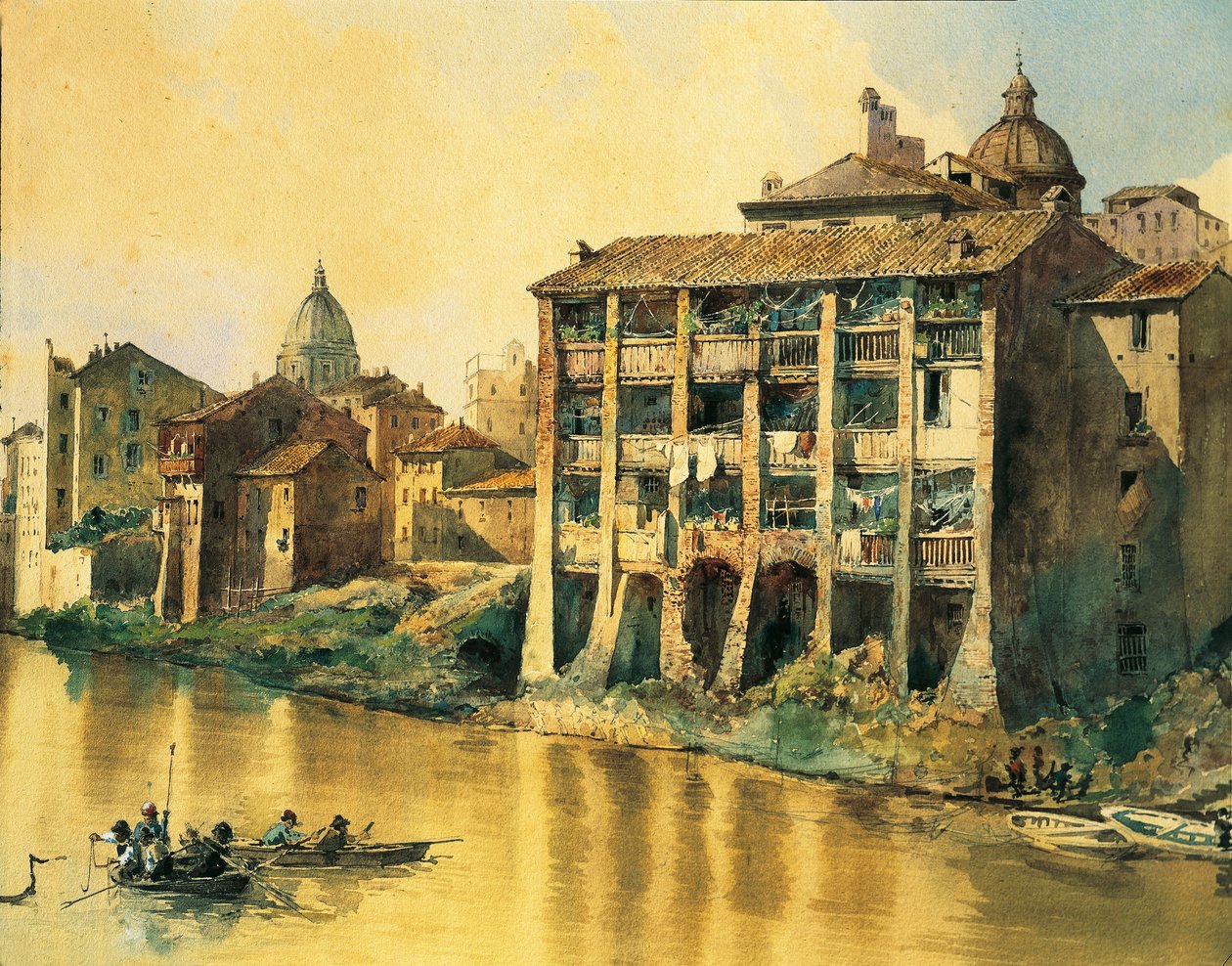 Italia, Roma, Gamle hus langs elven Tiberen, av Ettore Roesler Franz, Akvarell av Ettore Roesler Franz