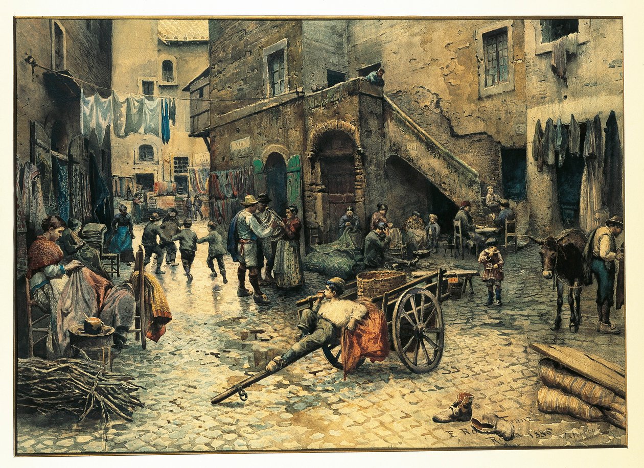 Italia, Roma, Gateliv på Via Capocciuto i (jødisk) ghetto i Roma av Ettore Roesler Franz, akvarell av Ettore Roesler Franz