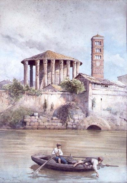 Herkules-tempelet fra elven Tiberen, Roma (akvarell) av Ettore Roesler Franz