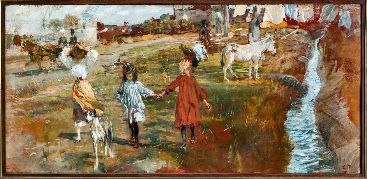 Landskap med barn og hund, et esel ved elven (olje på lerret av Ettore Tito