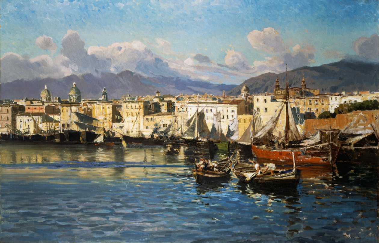 Gamle havnen i Palermo (olje på lerret) av Ettore de Maria Bergler
