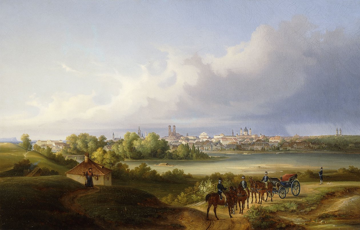 En utsikt over München og elven Isar, 1838 av Eugen Adam