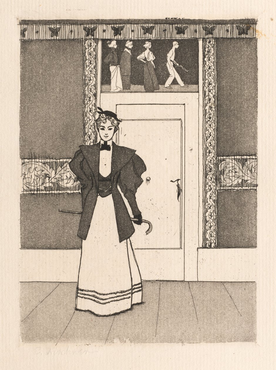 Interiør med ung kvinne i gåkostyme, 1895. av Eugen Kirchner