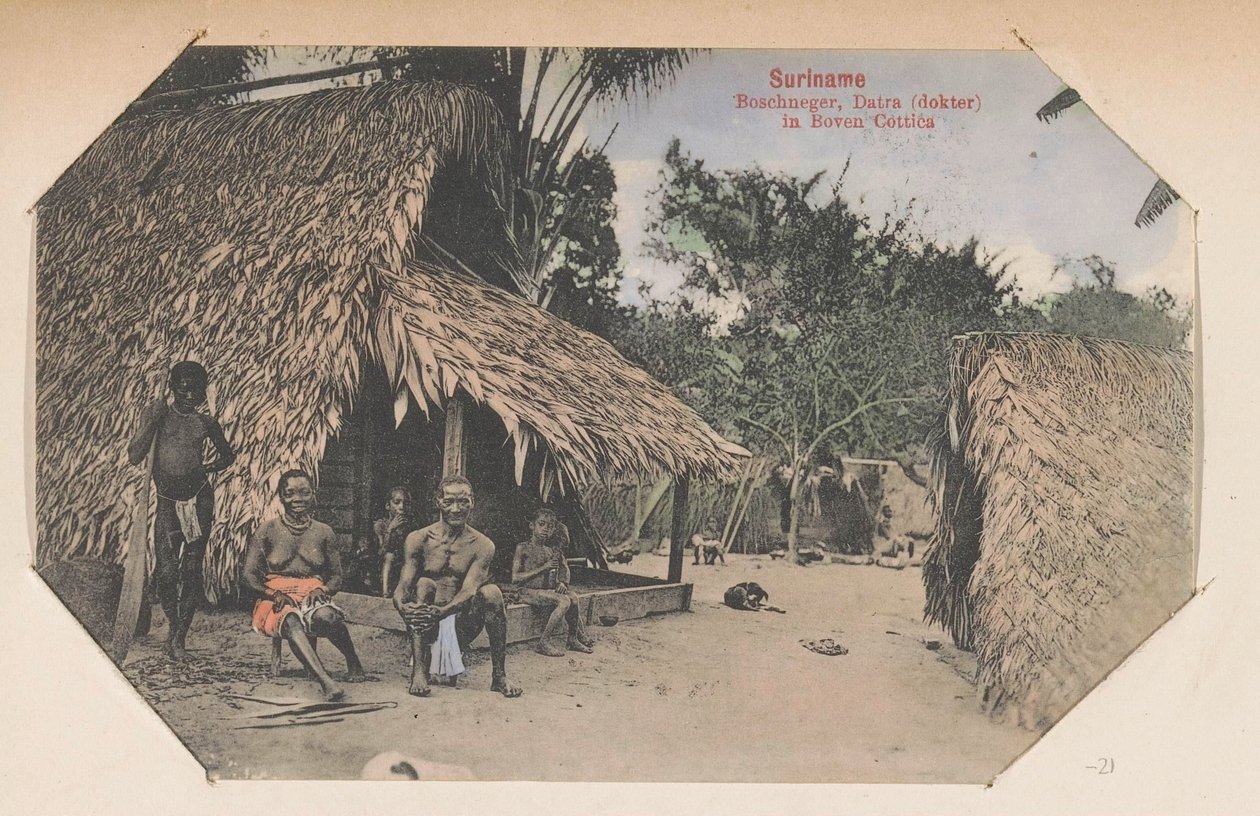 Maroons foran hjemmet sitt Surinam Bushnegro, Datra (lege) i Boven Cottica (tittel på objekt) av Eugen Klein