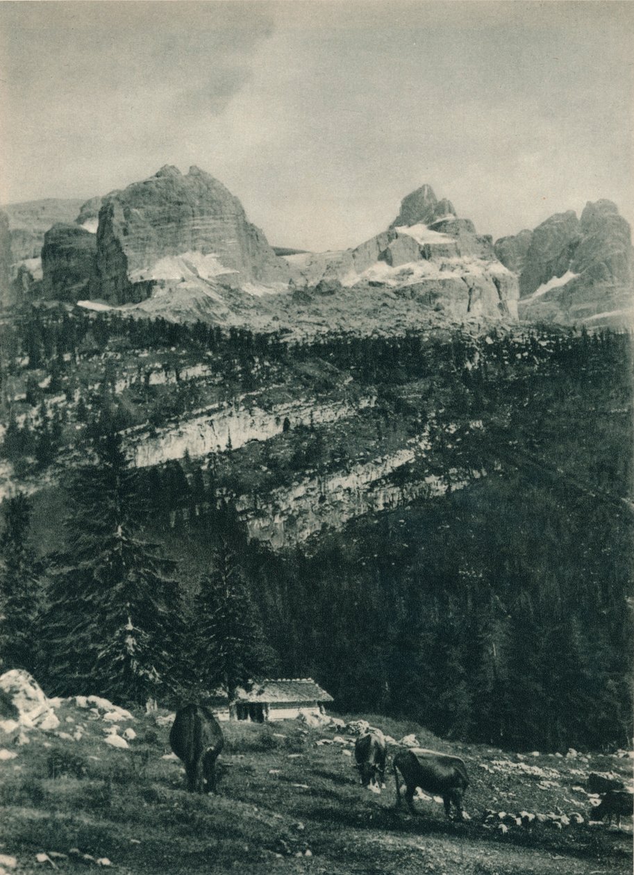 Utsikt over Brenta-gruppen med alpebeite, Madonna di Campiglio, Dolomittene, Italia, 1927 av Eugen Poppel