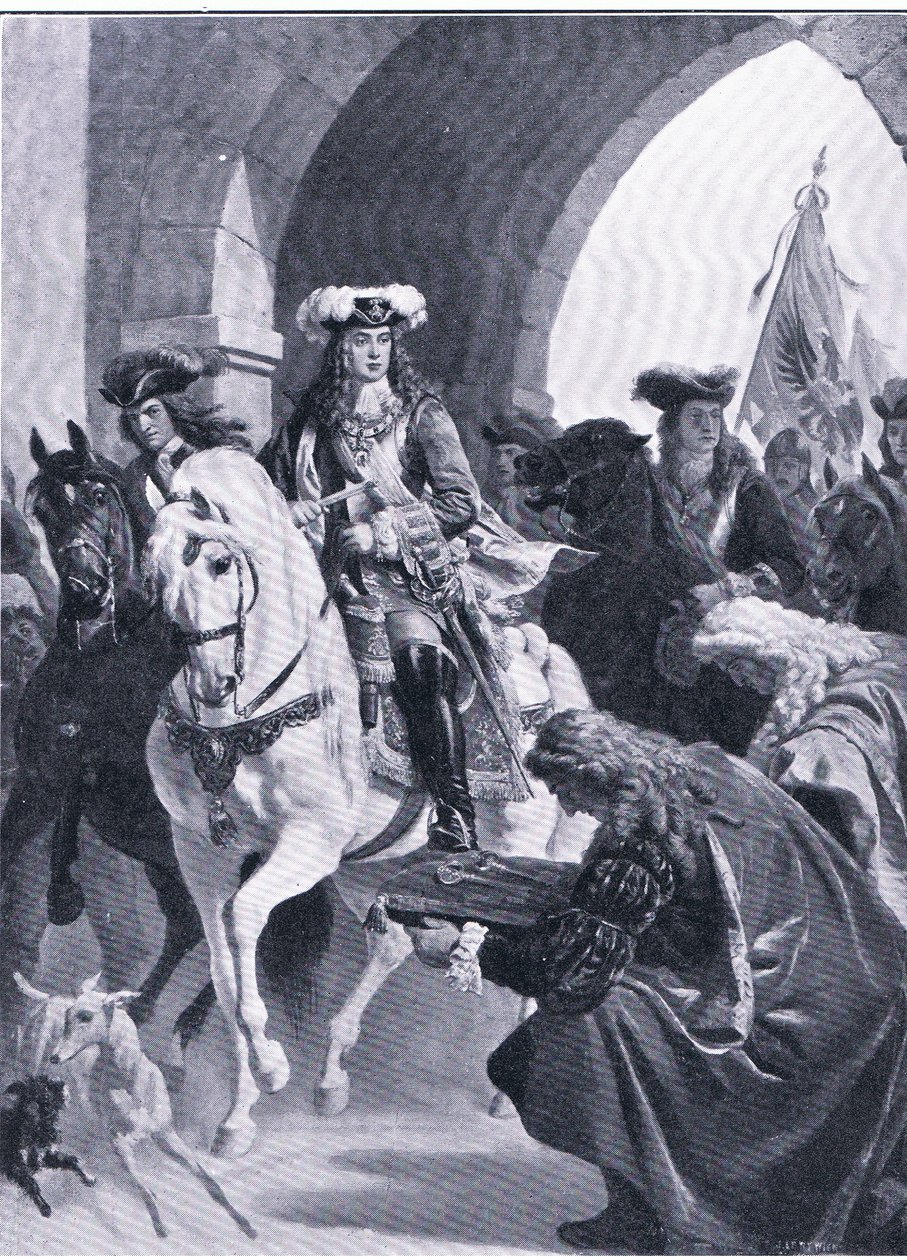 Østerrikerne på vei inn i Beograd, illustrasjon fra Landmarks in European History utgitt av Gresham Publishing Co, ca. 1920 (litho) av Eugen von Blaas