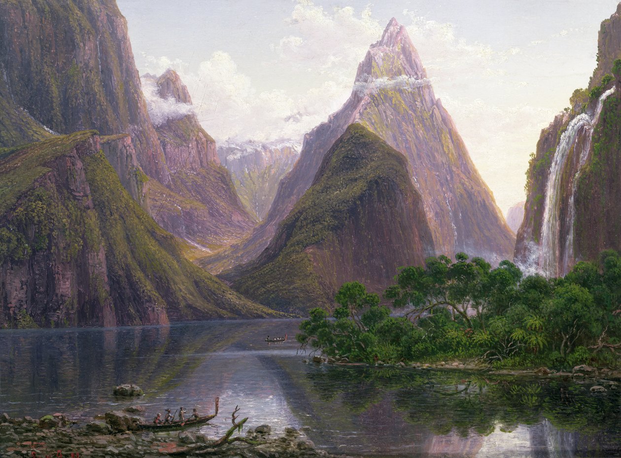 Innfødte skikkelser i en kano ved Milford Sound, vestkysten av South Island, New Zealand, også avbildet er Mitre Peak og Bowens Fall, 1892 av Eugene von Guérard