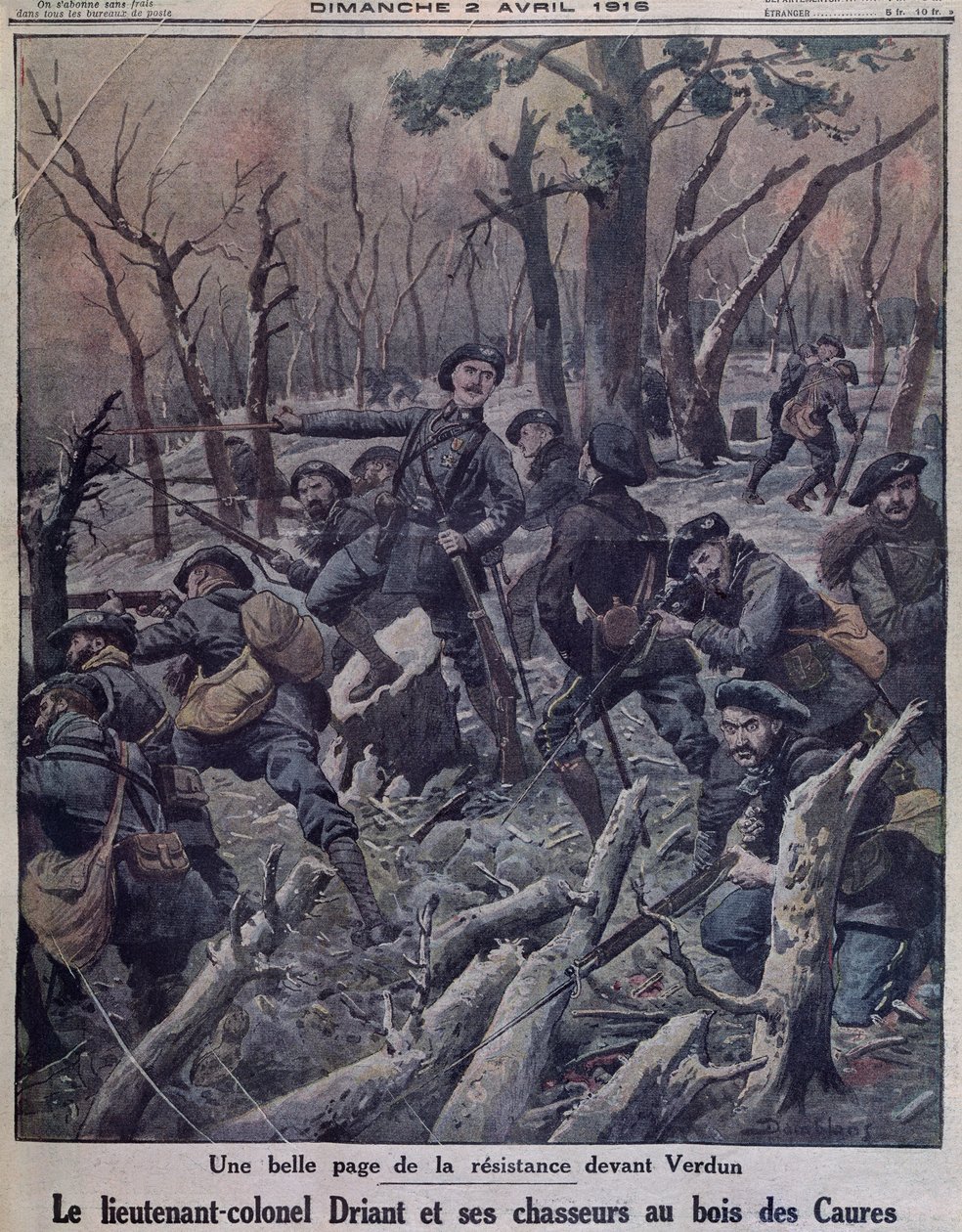 Oberstløytnant Driant og hans Chasseurs-bataljoner forsvarer Bois des Caures, Verdun, forsideillustrasjon fra 