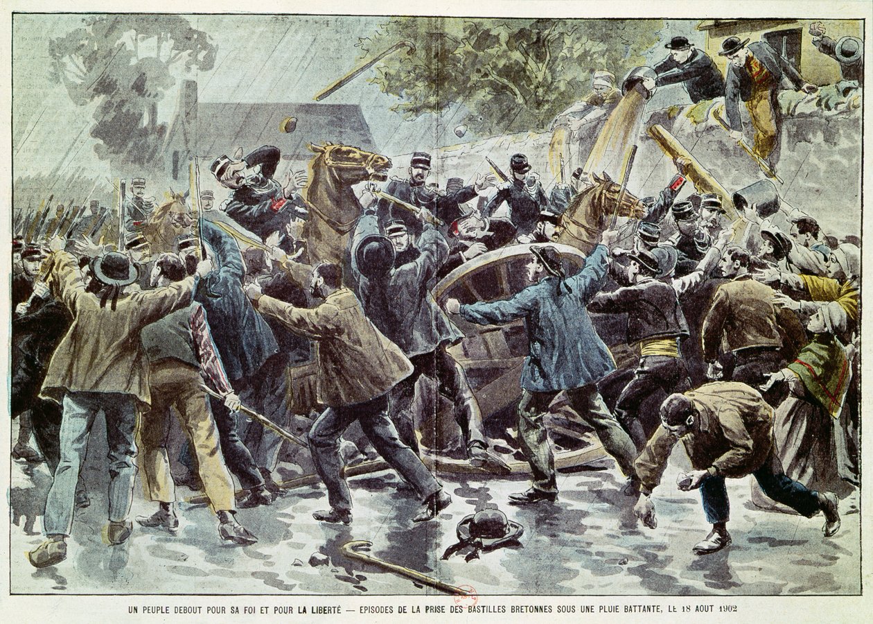 Urolighet i Bretagne 18. august 1902, bretonere mot håndhevelse av loven om menigheter, 1902 (fargegravering) av Eugene Damblans