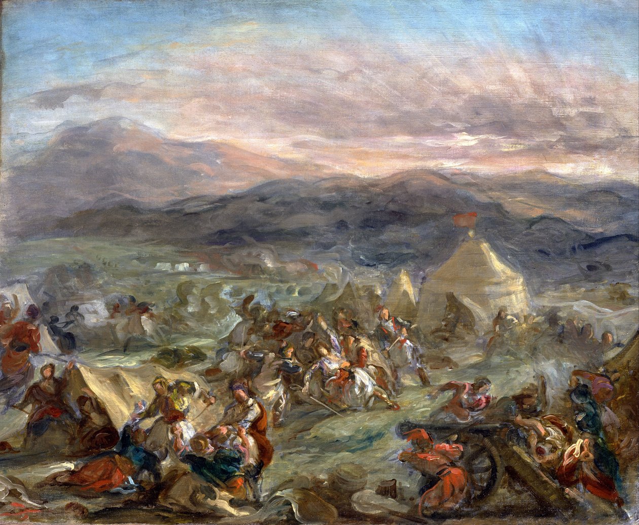 Botzaris overrasker den tyrkiske leiren og faller dødelig såret av Ferdinand Victor Eugene Delacroix