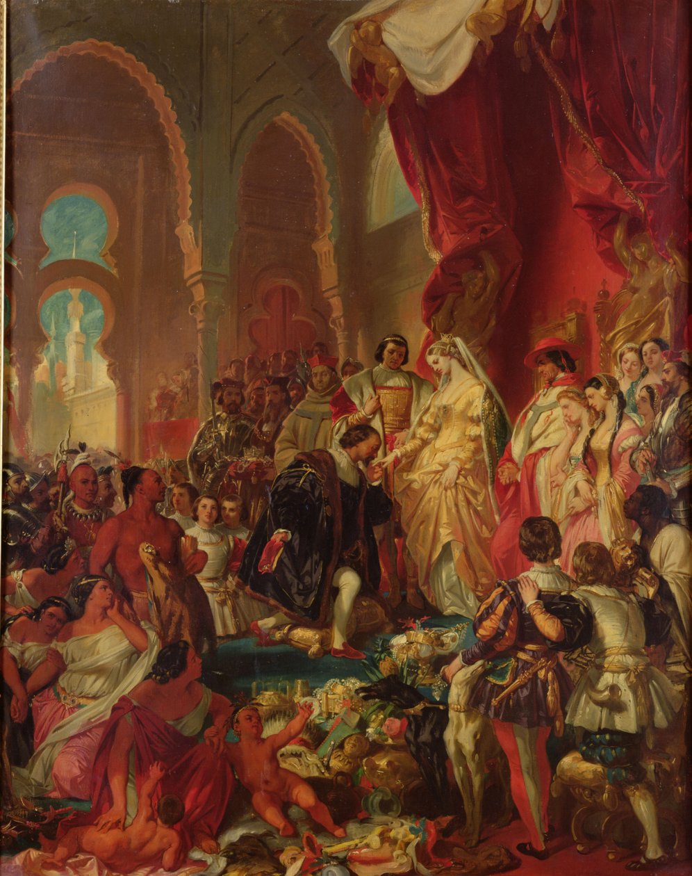Christopher Columbus (1450-1506) Før Ferdinand II (1452-1516) av Aragon og Isabella (1451-1504) av Castille, 1861 av Eugene Deveria