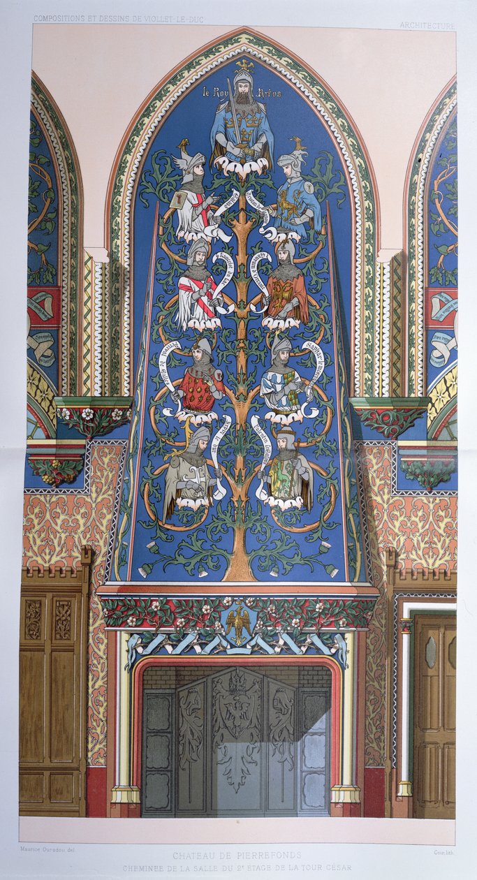 Dekorativt opplegg med kong Arthur og ridderne av det runde bordet, for en peis i Cesar Tower på Chateau de Pierrefonds, Frankrike (se også 101640) av Eugene Emmanuel Viollet le Duc