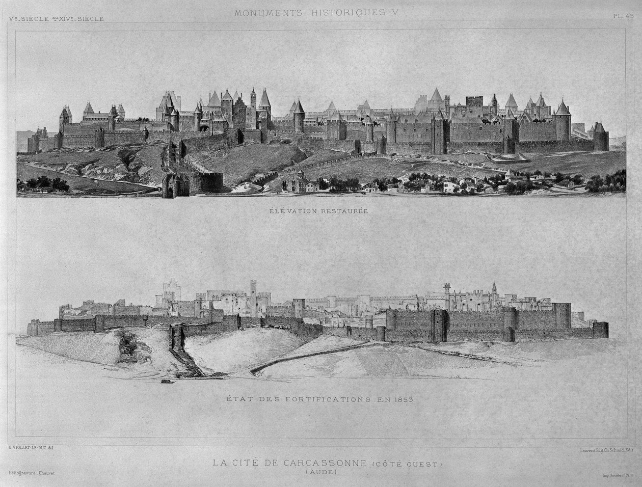 Utsikt over Carcassonne fra vestsiden, tilstanden til festningene og byen i 1853, illustrasjon fra 