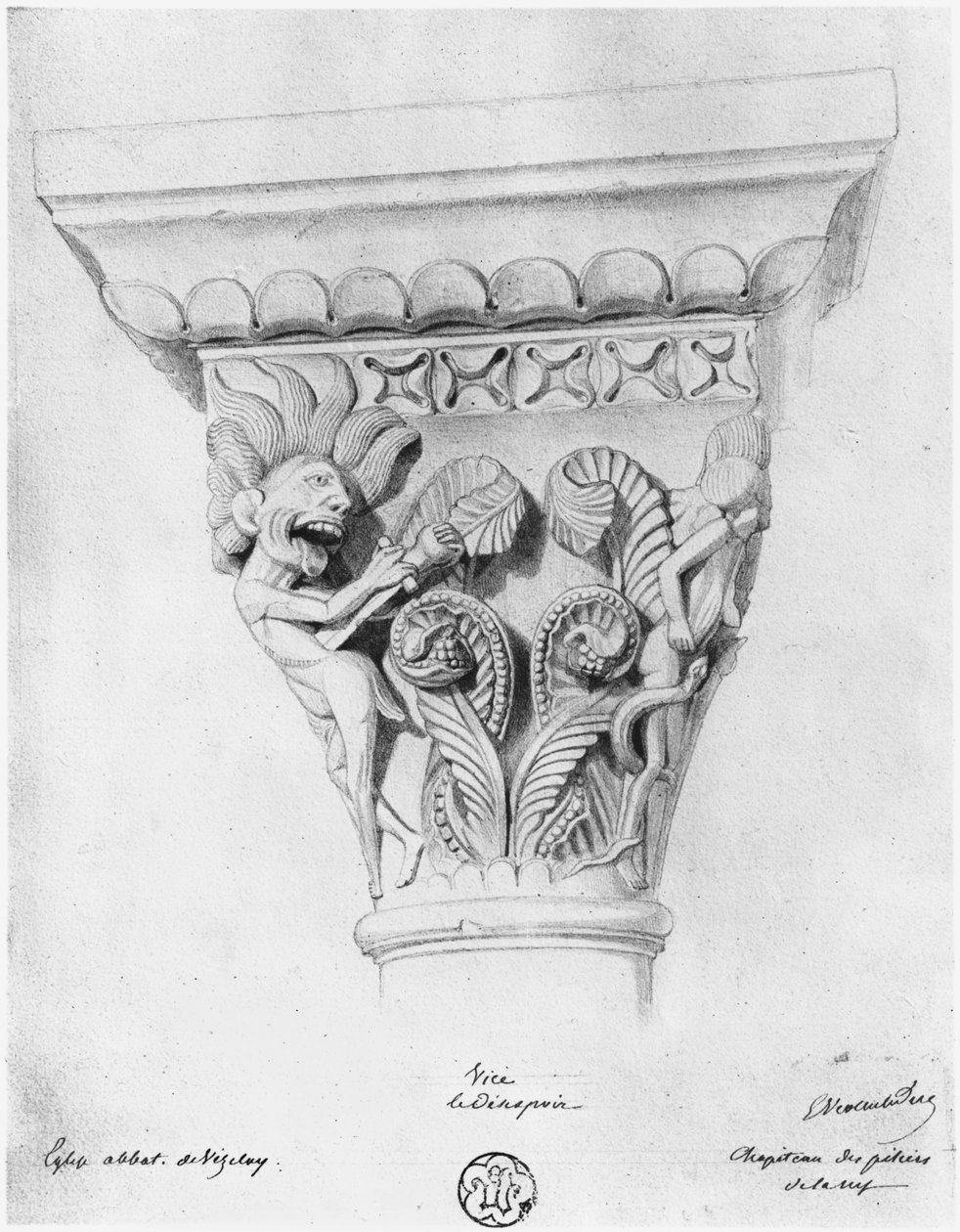 Hovedstad som illustrerer fortvilelsens vice, Abbey Church of La Madeleine, Vézelay, Frankrike av Eugene Emmanuel Viollet le Duc