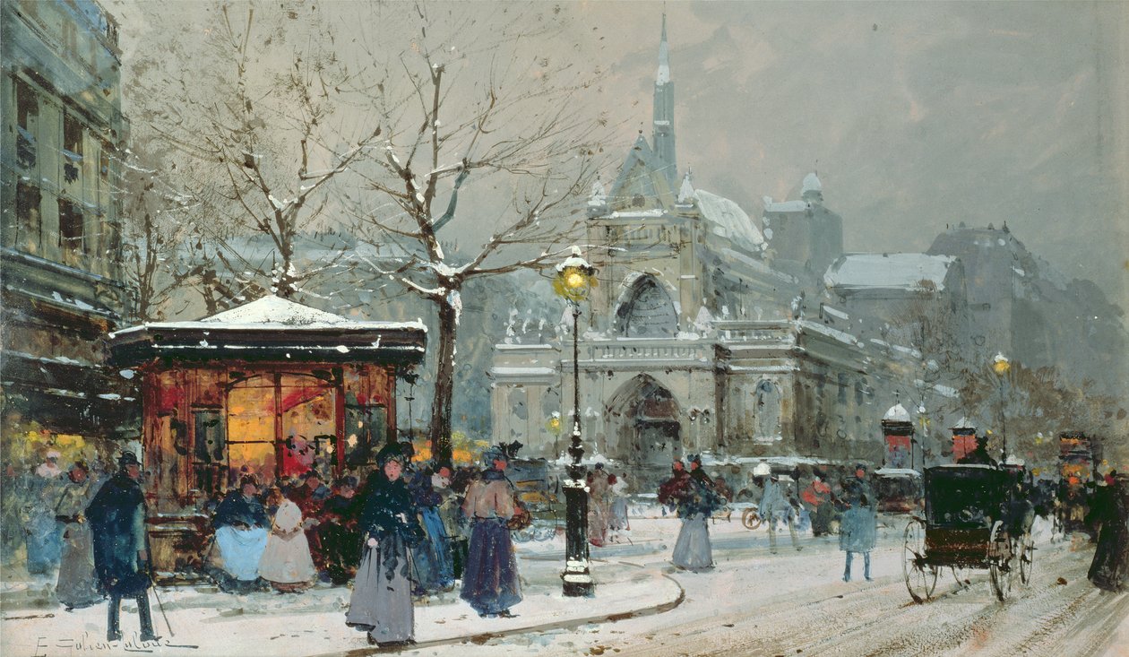 Snøscene i Paris av Eugene Galien Laloue