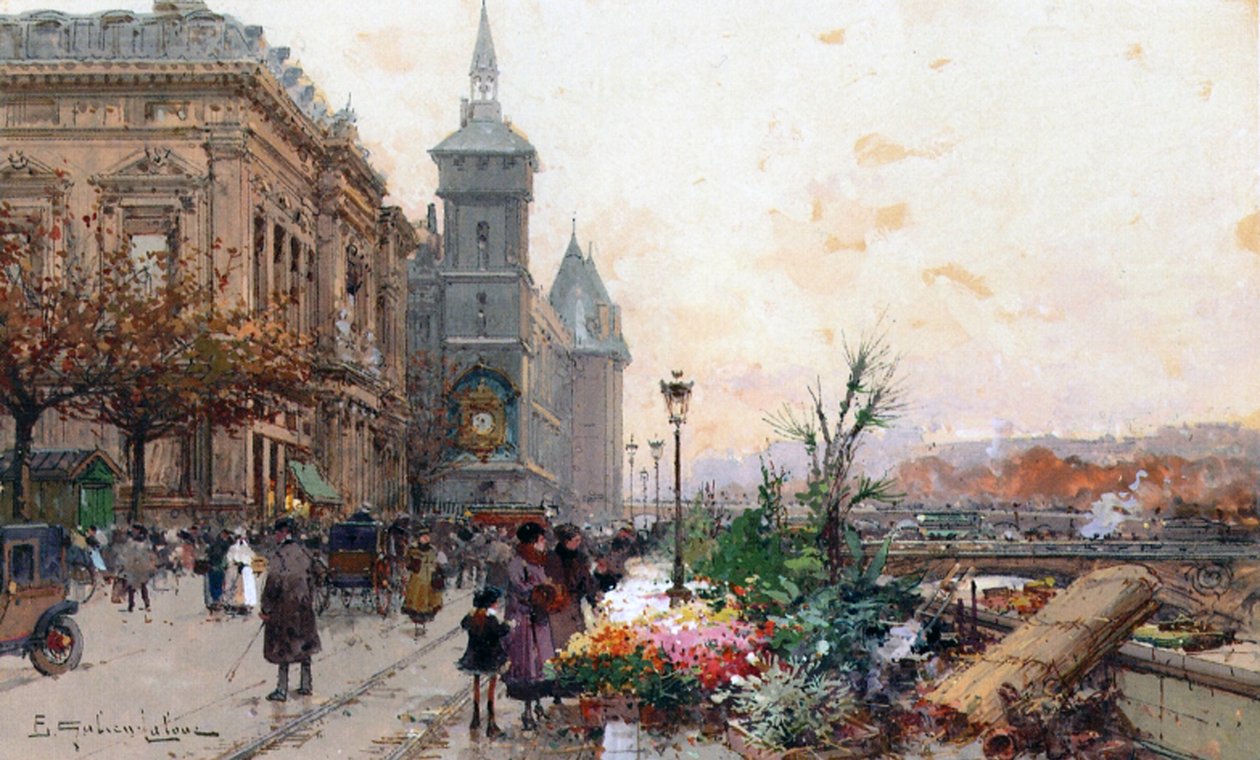 Blomstermarkedet, Paris (gouache og wc på papir) av Eugene Galien Laloue