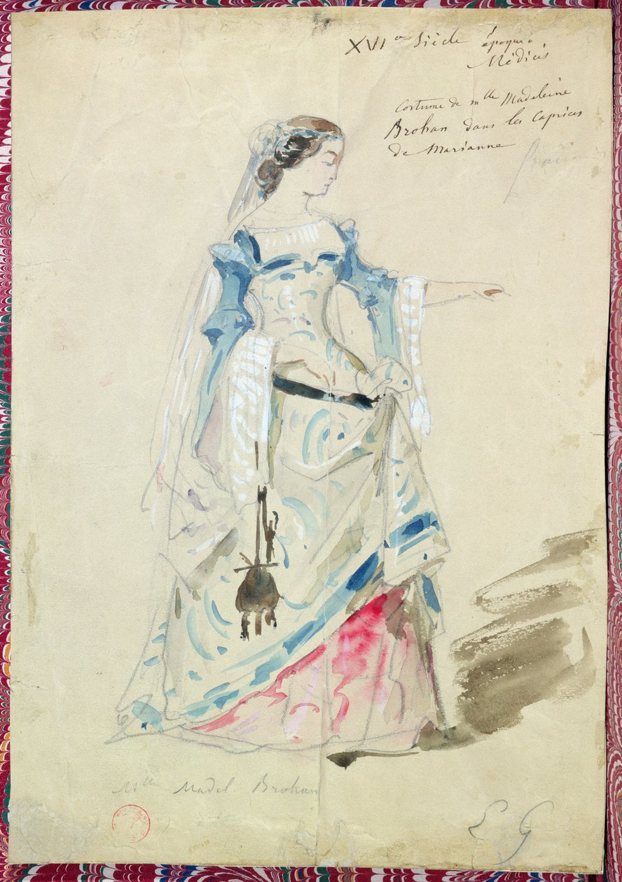 Kostymedesign for Mlle Madeleine Brohant (1833-1900) for rollen som Marianne i 