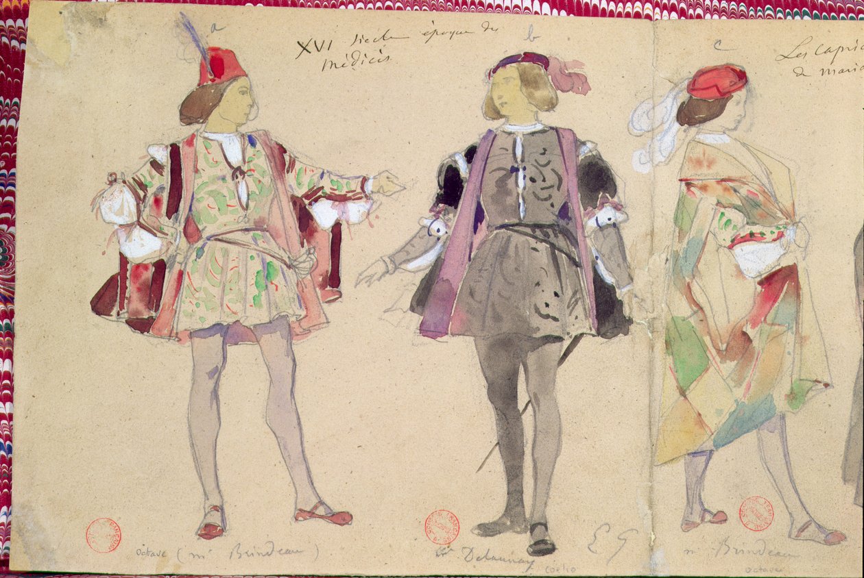 Kostymedesign for Octave (spilt av Brindeau) og Coelio (spilt av Delaunay) for 'Les Caprices de Marianne' av Alfred de Musset (1810-57) av Pierre François Eugène Giraud
