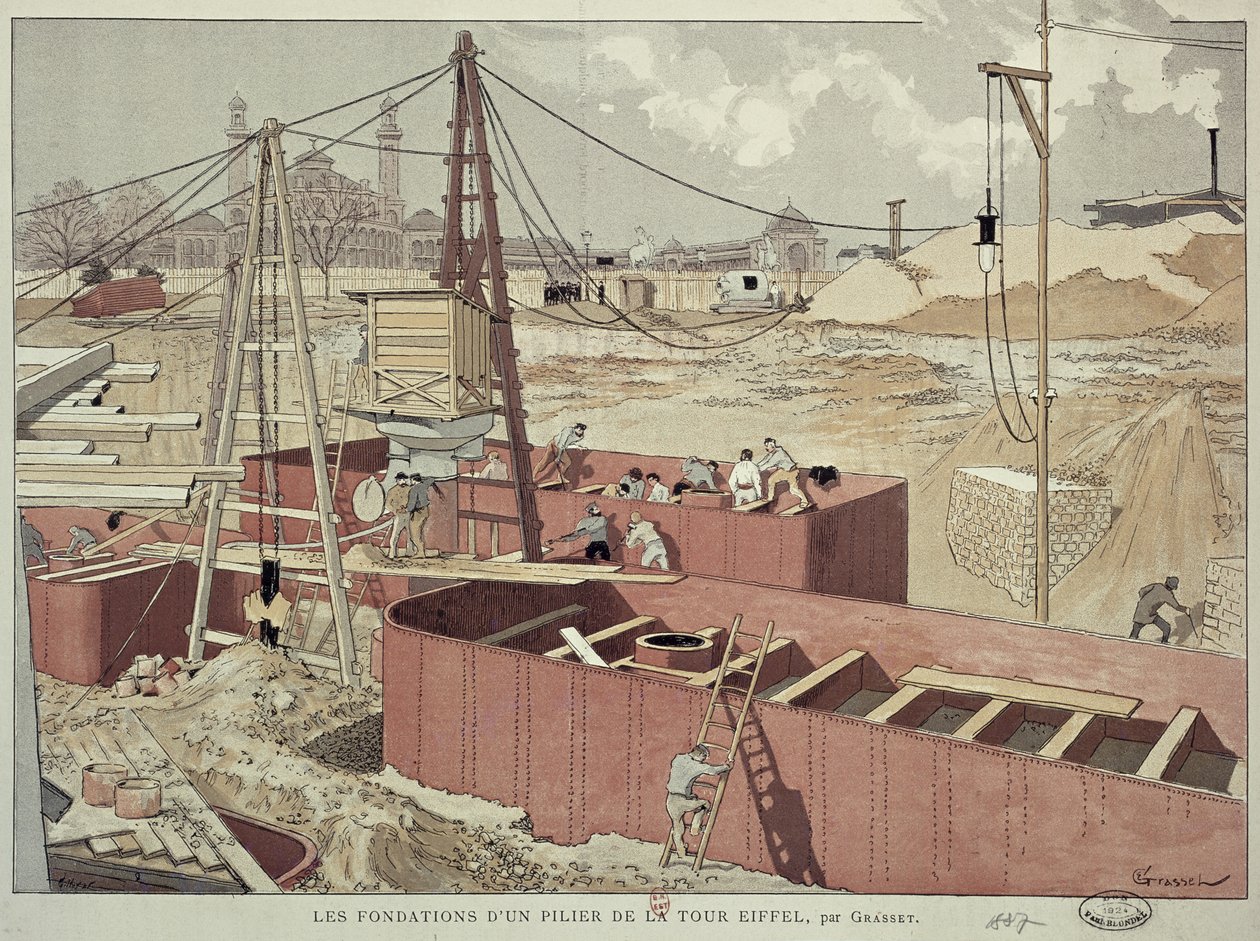 Legger grunnlaget for Eiffeltårnet, 1887 av Eugene Grasset