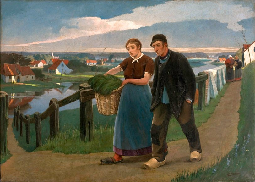 Landskap med et par bønder Portugues: Landskap med bondehus av Eugene Laermans