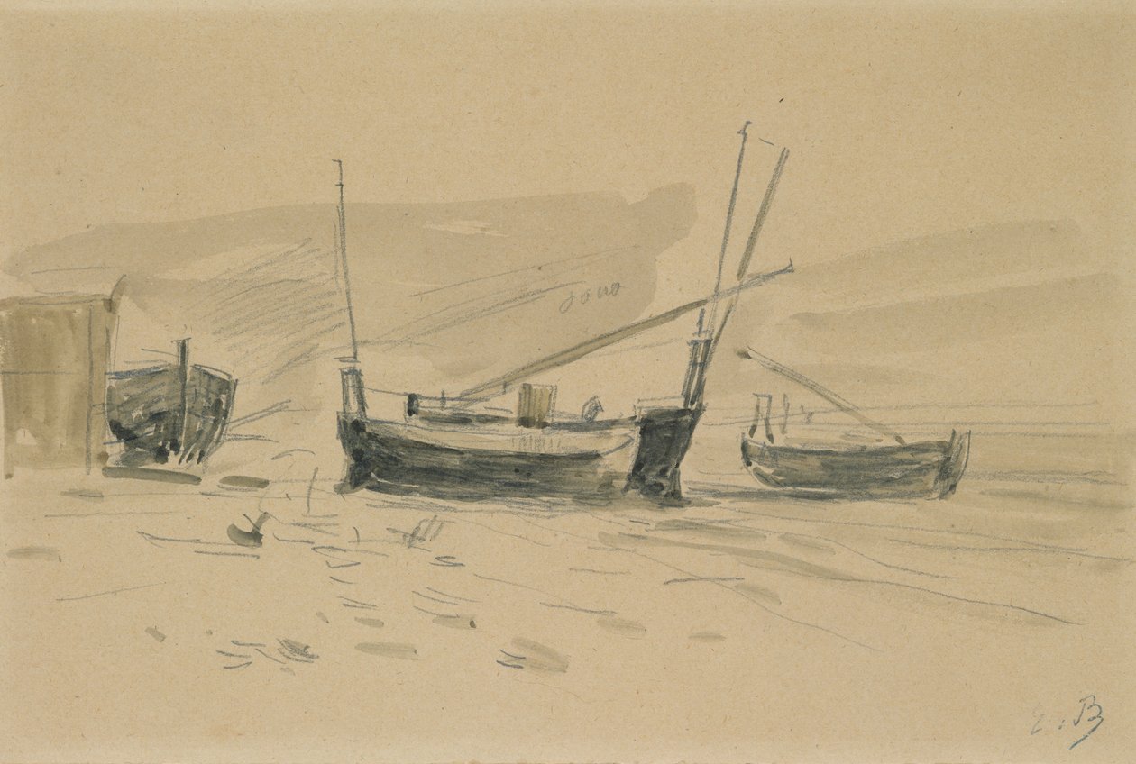 Små strandede båter (wc og grafitt på papir) av Eugene Louis Boudin