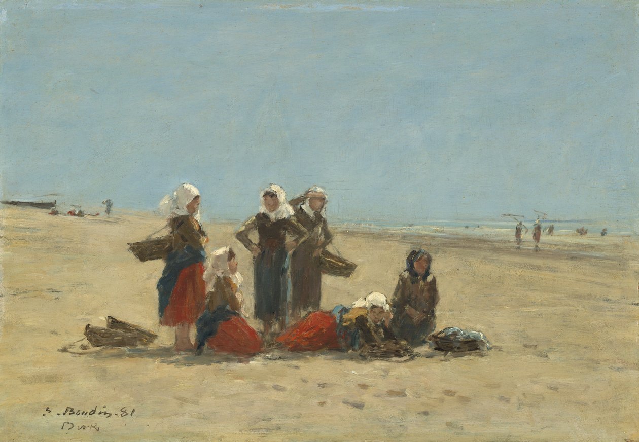 Kvinner på stranden ved Berck, 1881 (olje på tre) av Eugene Louis Boudin