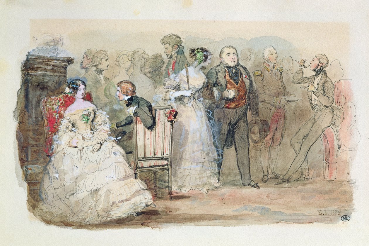 En mottakelse under Louis-Philippes regjeringstid (1830-48) 1832 (penn og blekk og wc på papir) av Eugene Louis Lami