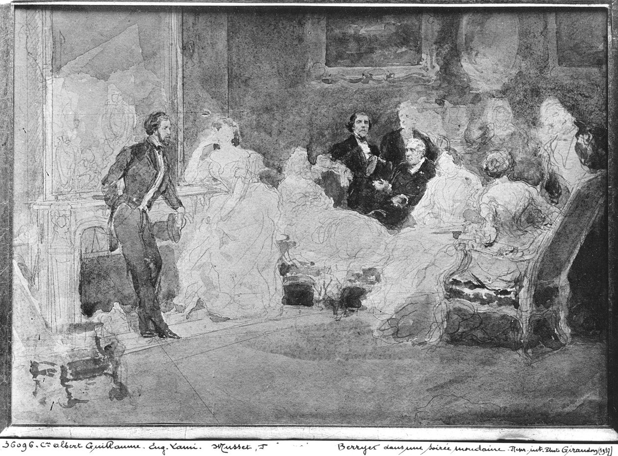 Alfred de Musset (1810-57) Eugene Delacroix (1798-1863) og Pierre Antoine Berryer (1790-1868) på en selskapsaften, ca. 1840 av Eugene Louis Lami