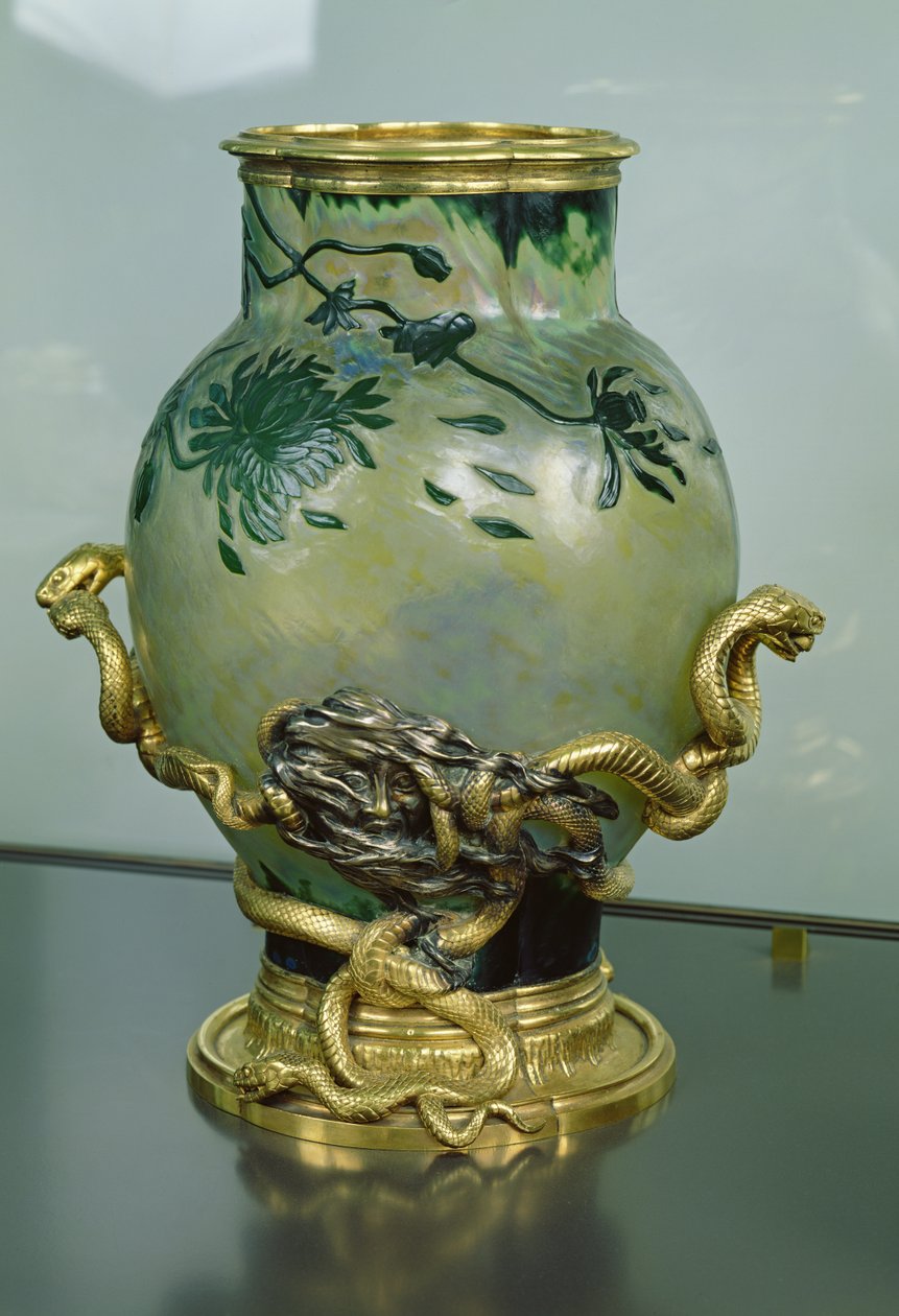 Krystallvase med stativ med sammenflettede slanger, ca. 1890 (bronse og glass) av Eugène Rousseau