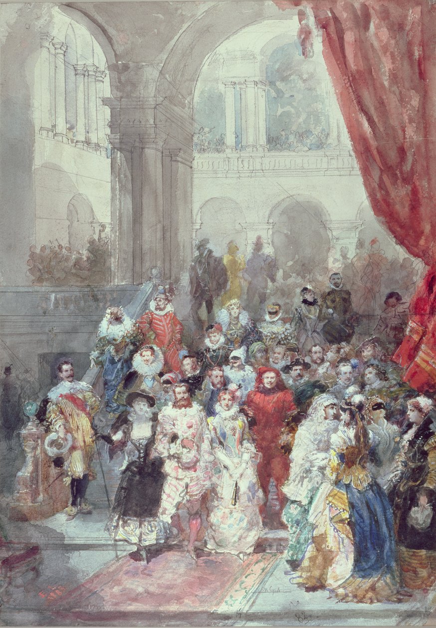 Studie for et kostymeball gitt av prinsessen av Sagan, 1883 (wc med grafittundertegning forhøyet med hvitt på papir) av Eugene Louis Lami
