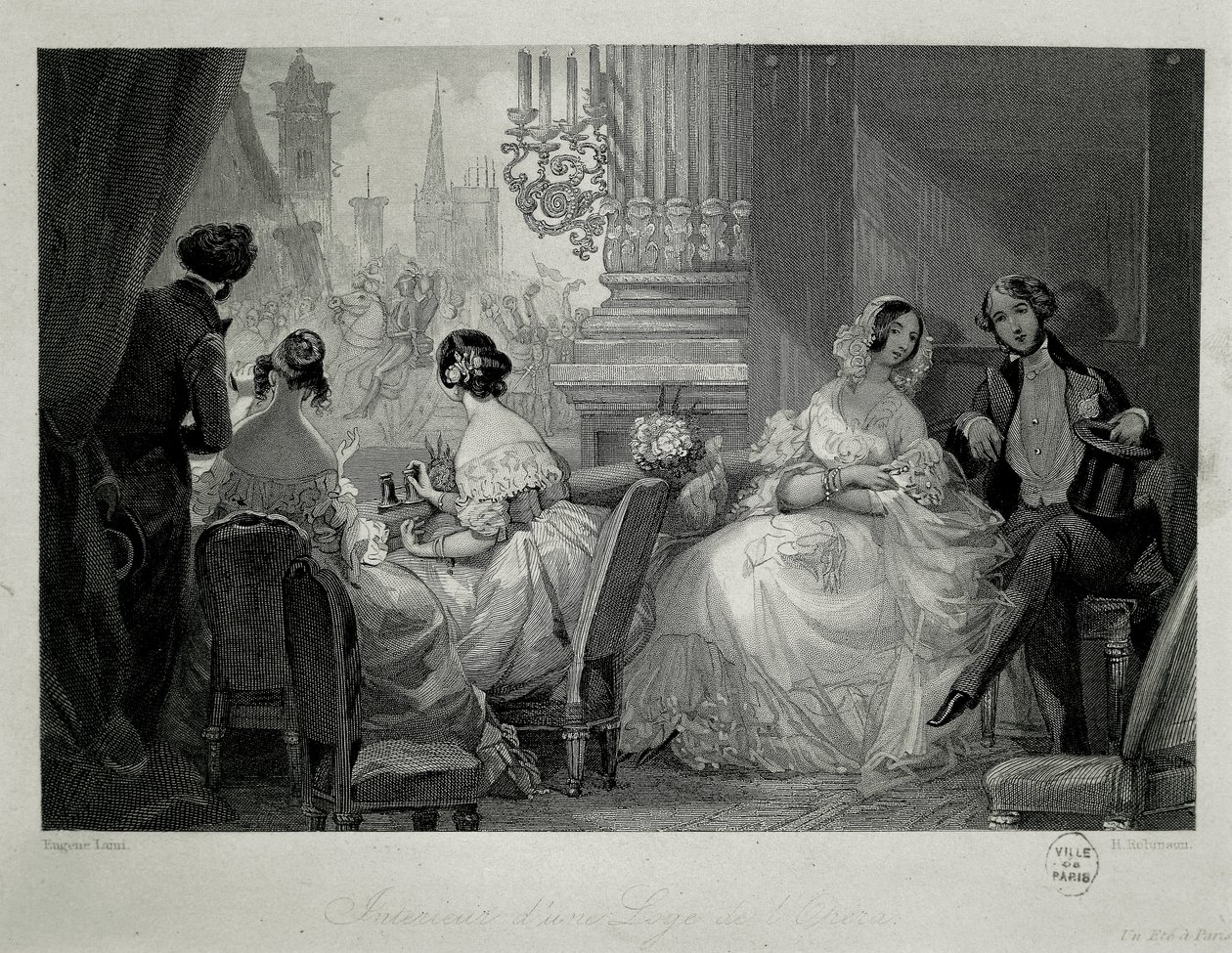 Interiør i Paris Opera, mennesker i en loge Gravering av Eugene-Louis Lami av Eugene Louis Lami