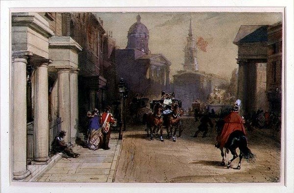 Trafalgar Square fra Pall Mall, ca. 1848-52 (akvarell og gouache over blyant på papir) av Eugene Louis Lami