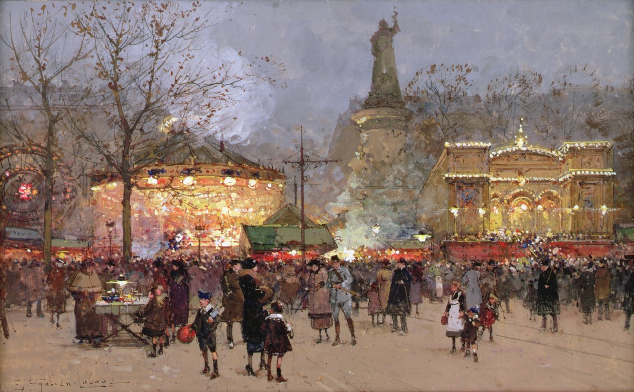 Fete, på Place de La Republique, Paris (svart kritt og gouache på papir) av Eugene Galien Laloue