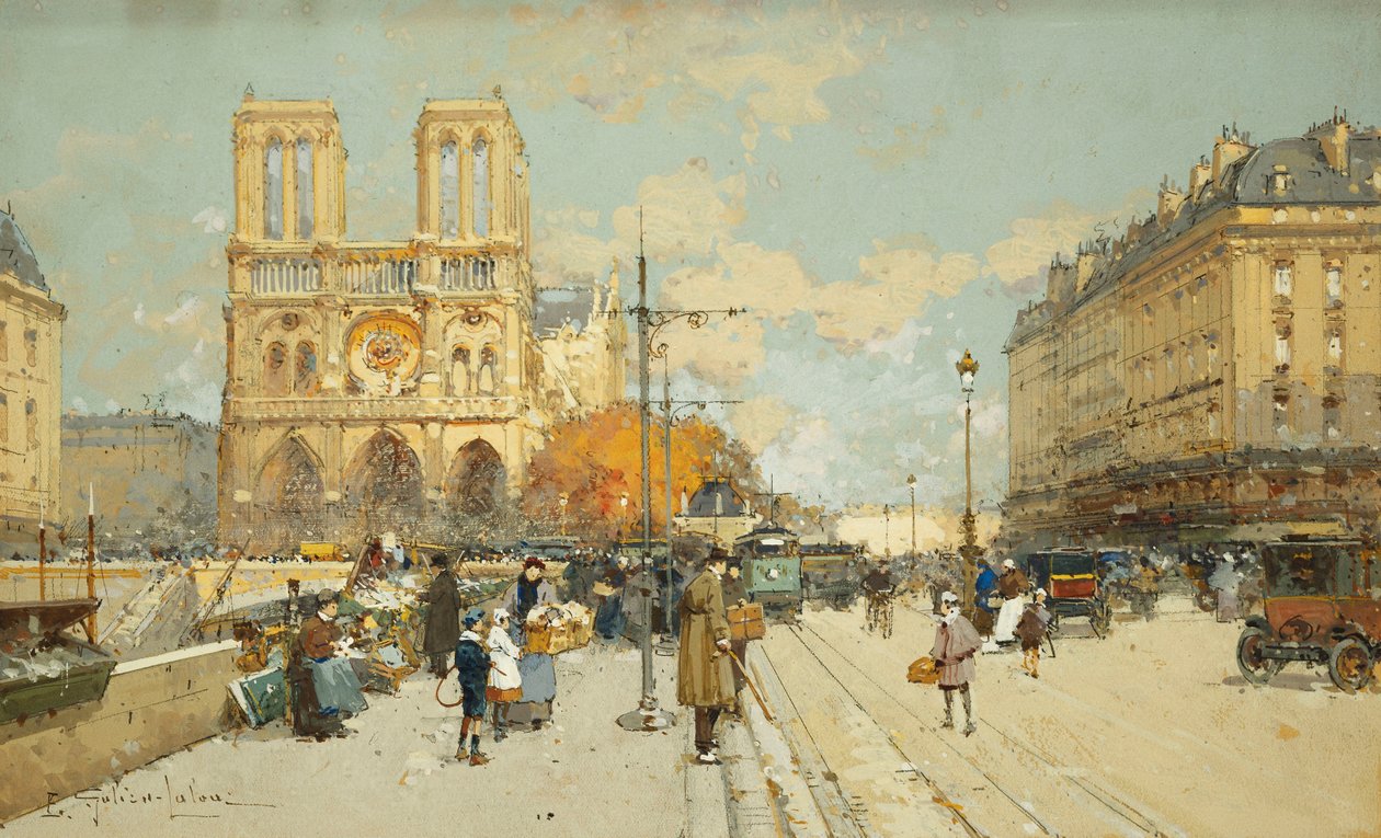 Figurer på en solrik parisisk gate, Notre Dame til venstre av Eugene Galien Laloue