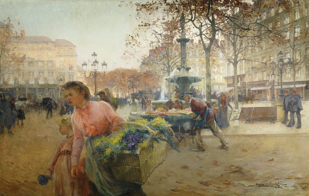 Place du Theatre Francais, Paris av Eugene Galien Laloue
