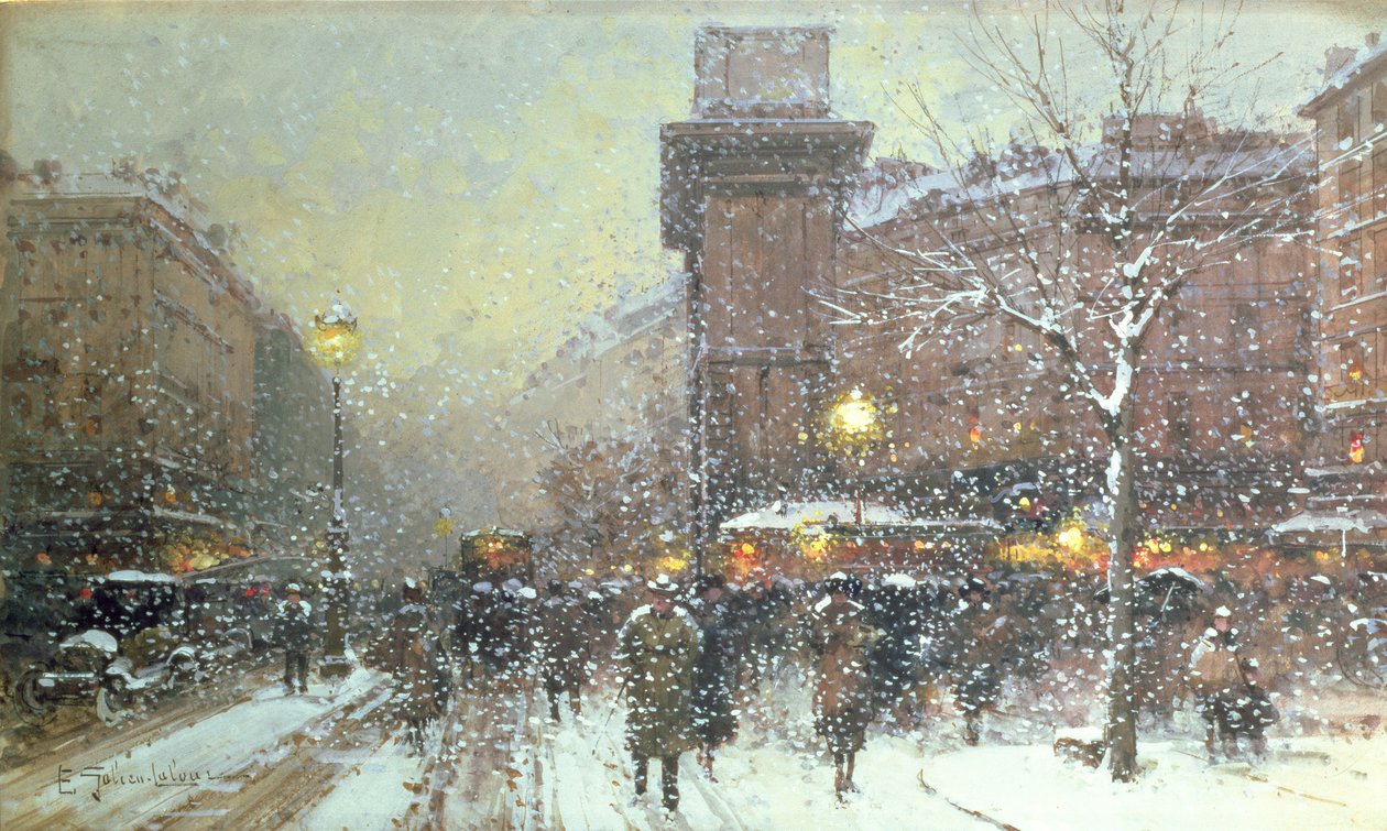 Porte St. Martin, i Paris (svart kritt og gouache på papir) av Eugene Galien Laloue