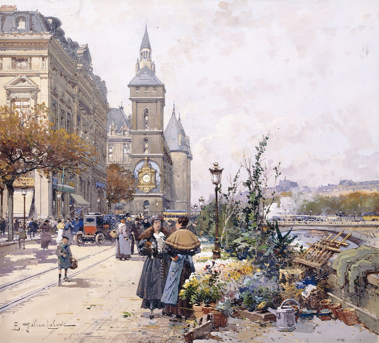Quai aux Fleurs og Hotel av Eugene Galien Laloue