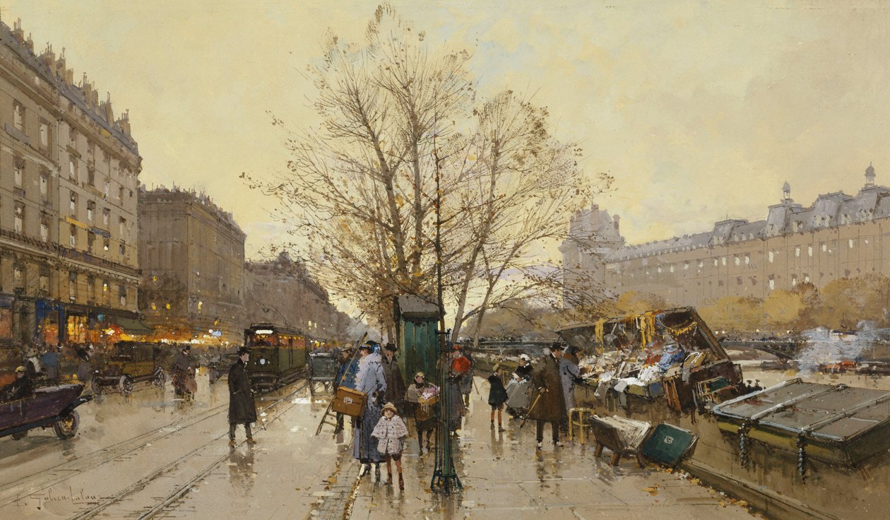 Havne i Paris; Les Quais i Paris av Eugene Galien Laloue