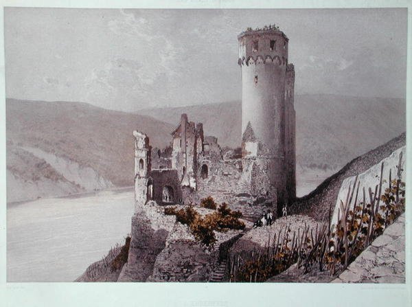 Schloss Ehrenfels i Rhindalen, ca. 1863 (farge litho) av Eugene (after) Ciceri