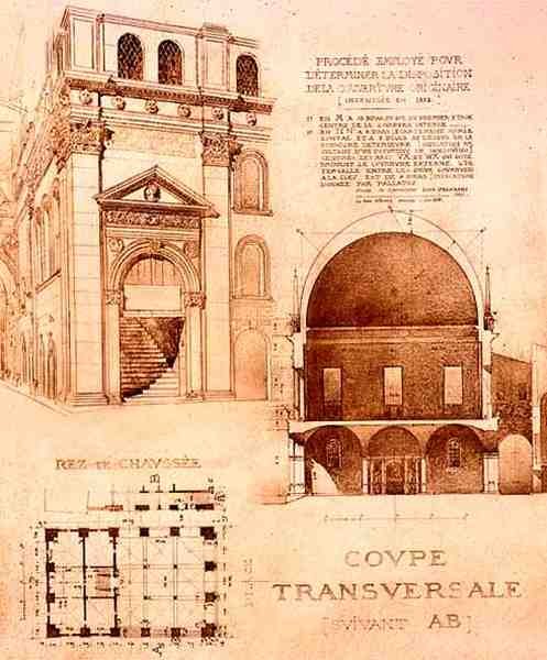 Plan, tverrsnitt og forhøyning av Loggia, eller Palazzo del Commune, Brescia, Italia, fra 