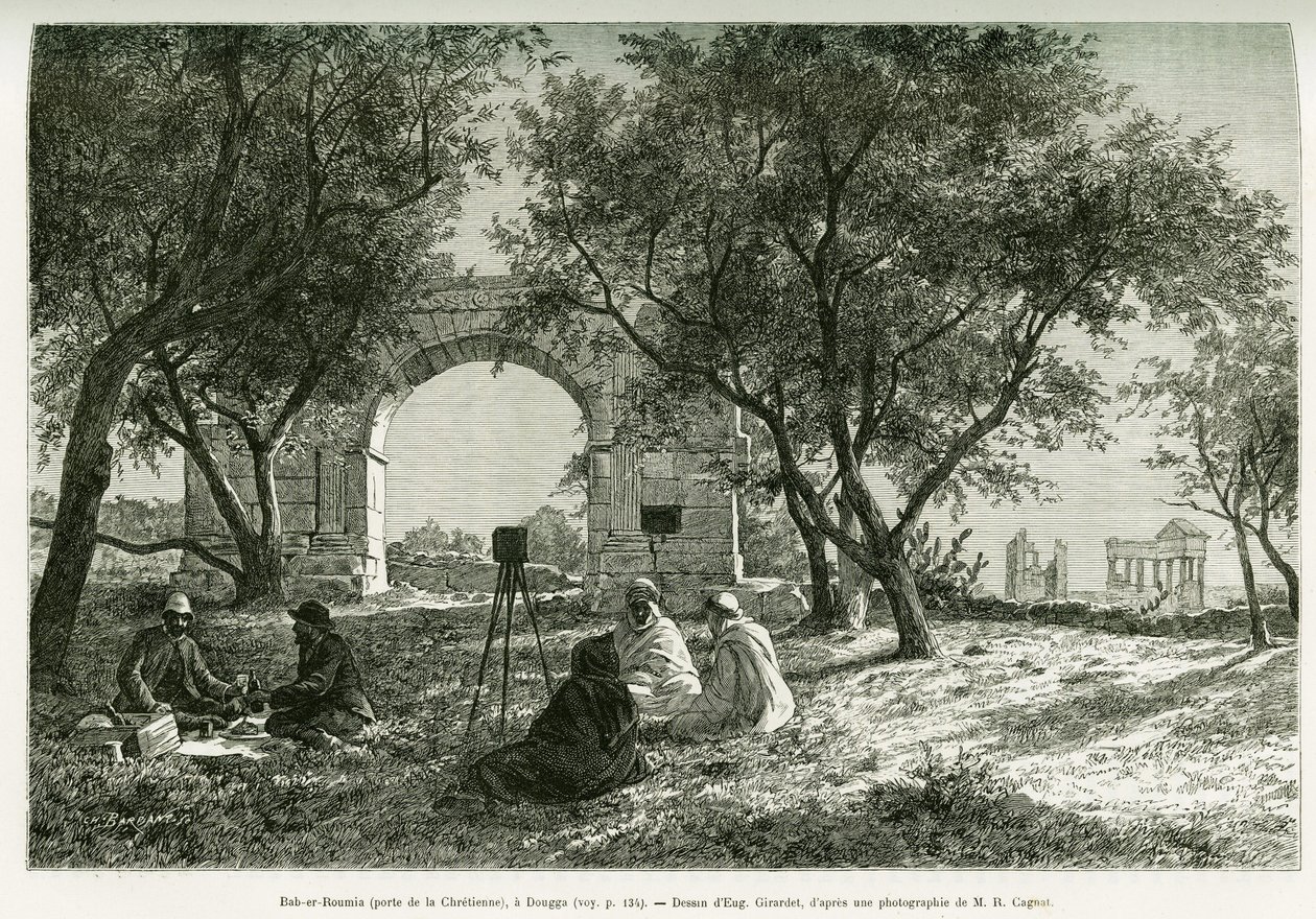 Bab-er-Roumia (Bab er Roumia), porten til den kristne kvinnen, romerske ruiner i Dougga, piknik for reisende og deres guider, rundt et kamera. Gravering av Eugene Girardet, for å illustrere historien Voyage en Tunisie, av R.Cagnat og H.Saladin, anklager om av Eugene Alexis Girardet