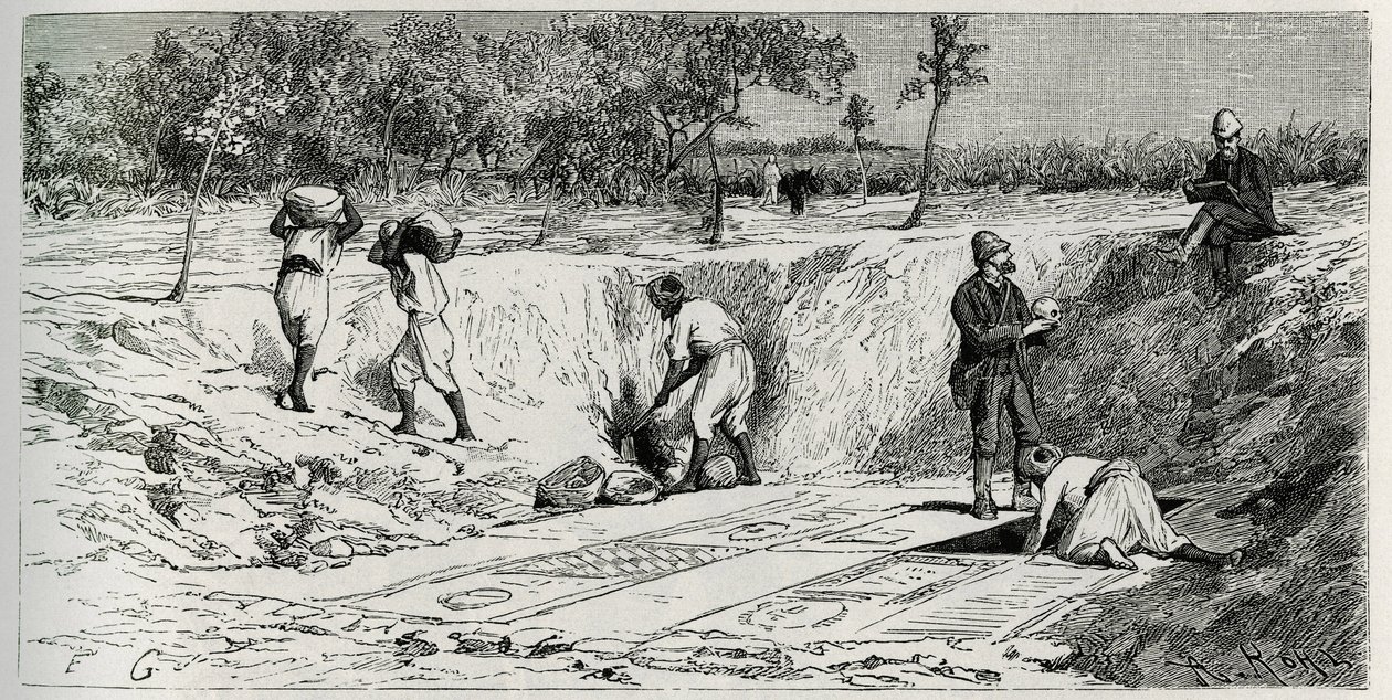 Utgravninger på den kristne kirkegården i Lamta, med begge misjonsanklager. Gravering av Eug.Girardet, for å illustrere historien «Reise til Tunisia», av Rene Cagnat av Eugene Alexis Girardet