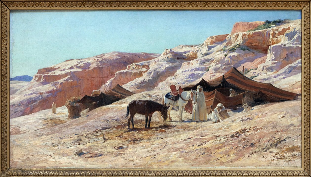 Leiren, oljemaleri på lerret av Eugene Girardet (1853-1907), leir for en gruppe arabiske reisende (beduiner) i et landskap av sanddyner. Dim. 50x60 cm. Fotografi, KIM Youngtae, Nantes, Musee des Beaux Art de Nantes. av Eugene Alexis Girardet