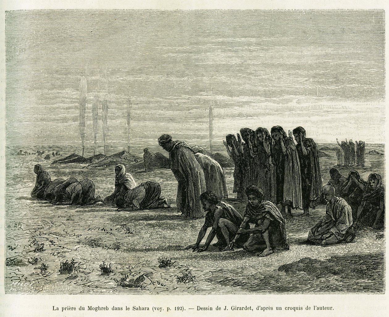 Moghreb-bønnen i Sahara. Gravering av J.Girardet, for å illustrere historien Cinq mois chez les moures nomades du Sahara occidental, i 1887, av Camille Douls, i le tour du monde 1888, under ledelse av Edouard Charton (1807-1890), Hachette, Pa av Eugene Alexis Girardet