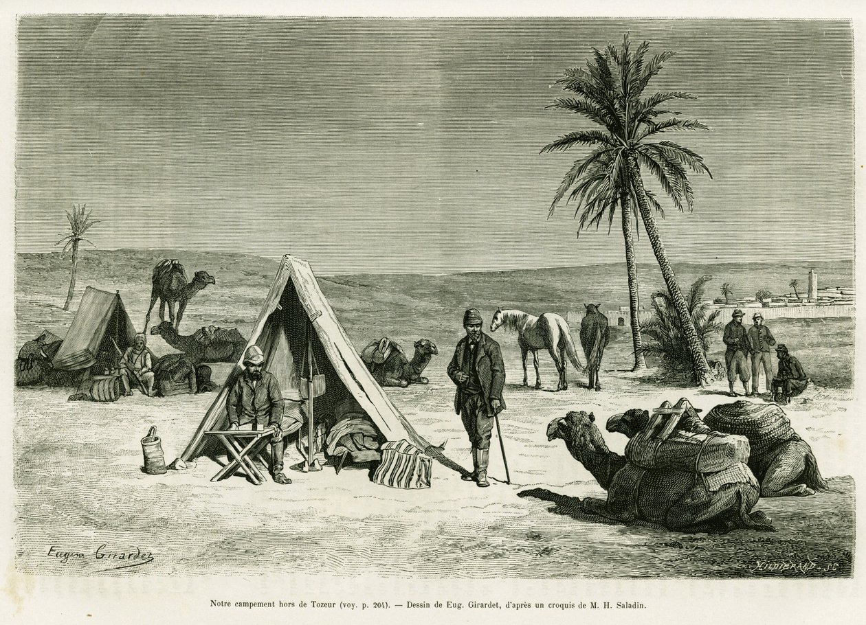 Reiseleir i nærheten av Tozeur. Gravering av Eugene Girardet for å illustrere historien Voyage en Tunisie, av R.Cagnat og H.Saladin, i le tour du monde 1886, regissert av Edouard Charton (1807-1890), Hachette, Paris. av Eugene Alexis Girardet